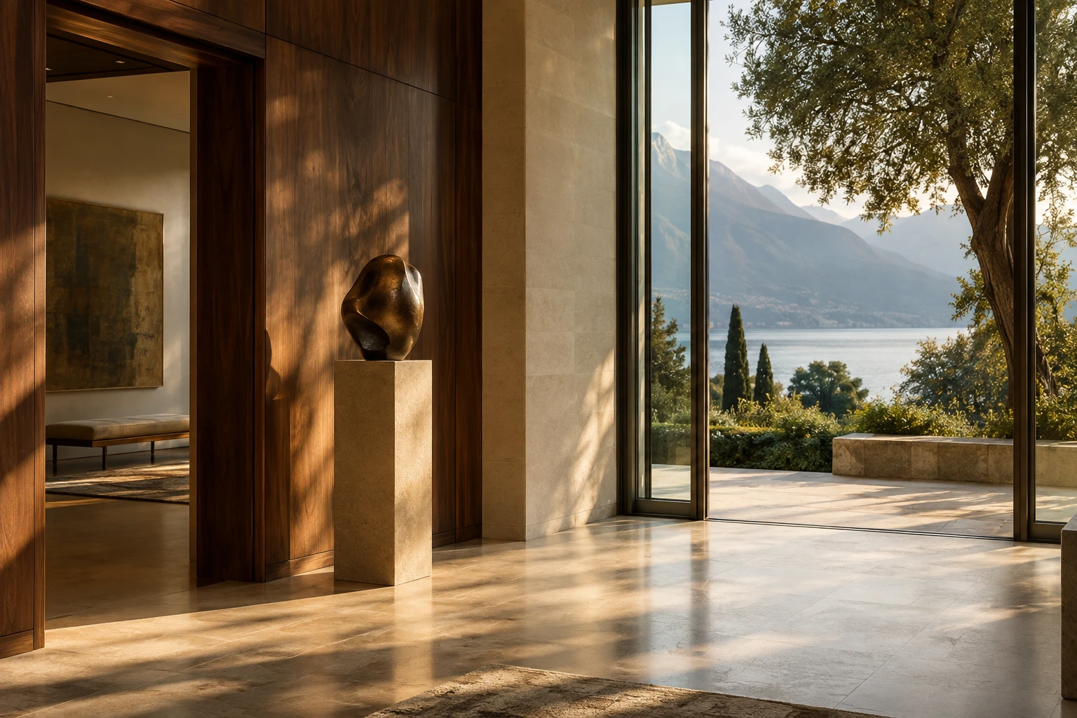 Sunlight across a private art gallery, opening onto a quiet lake