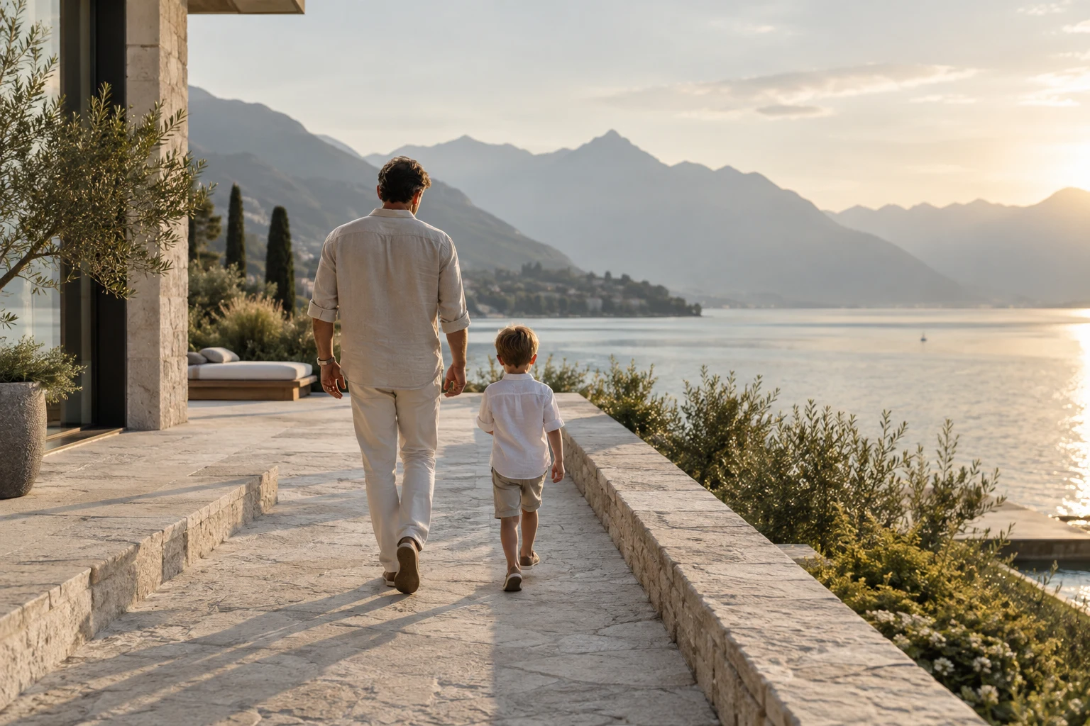 A father and son walking together beside a lake